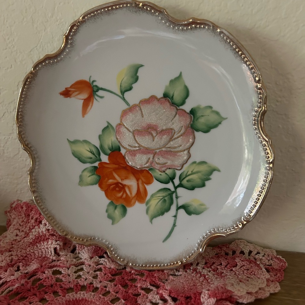 Norcrest Japan plate, gold trim raised textured flower. Vintage